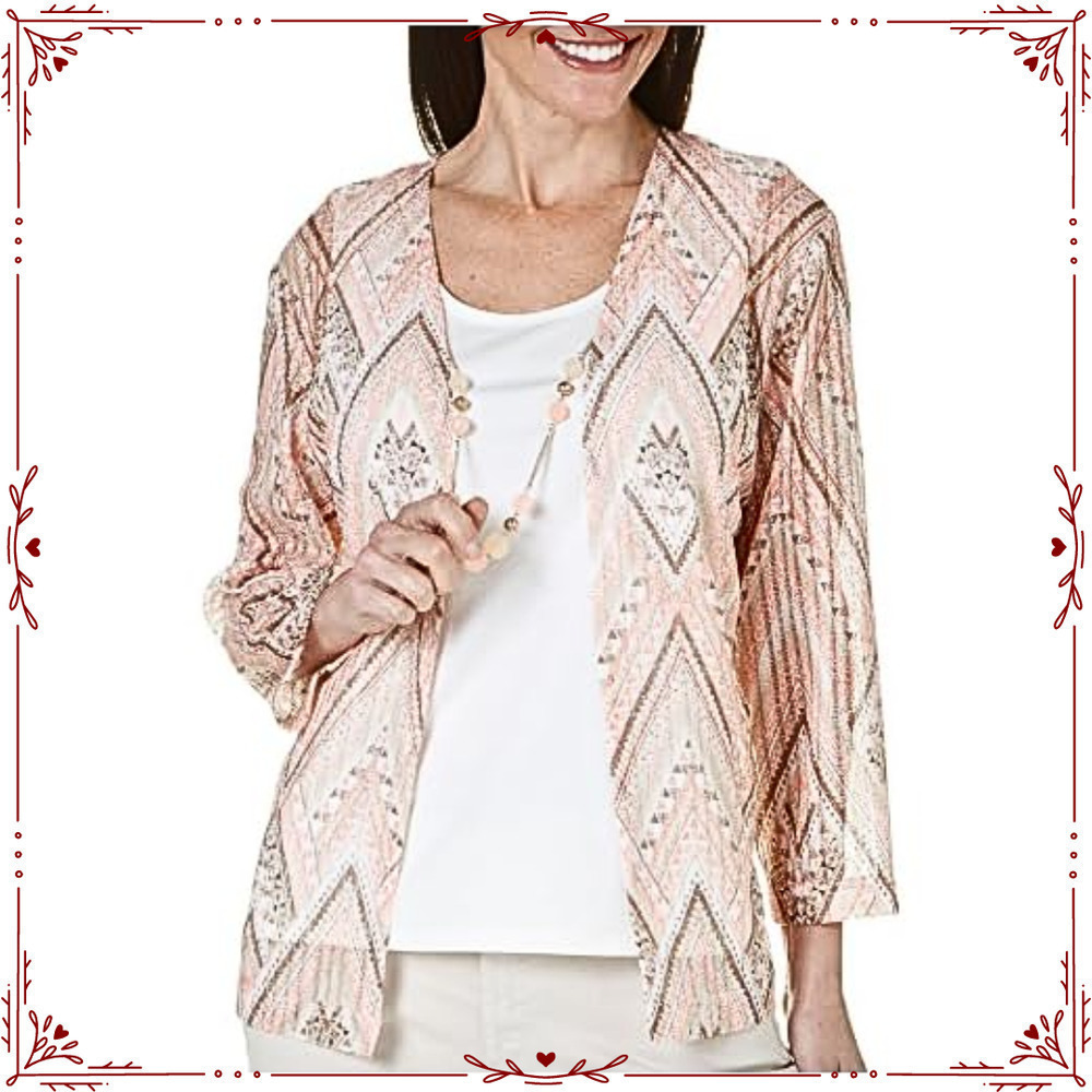 Alfred Dunner Women's Medium Pink Brown Chevron Open Front Top